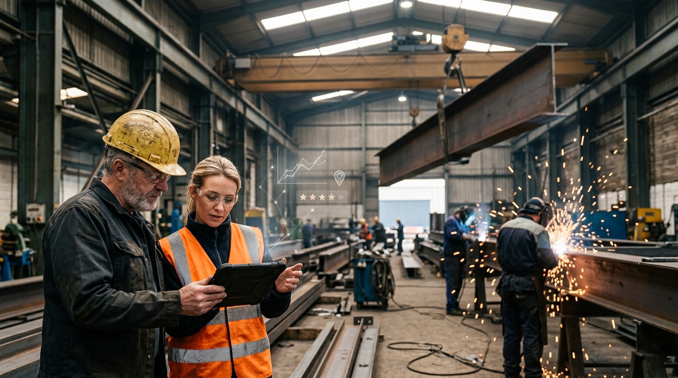 Plant owner and marketing consultant review a tablet in a steel workshop with welders working