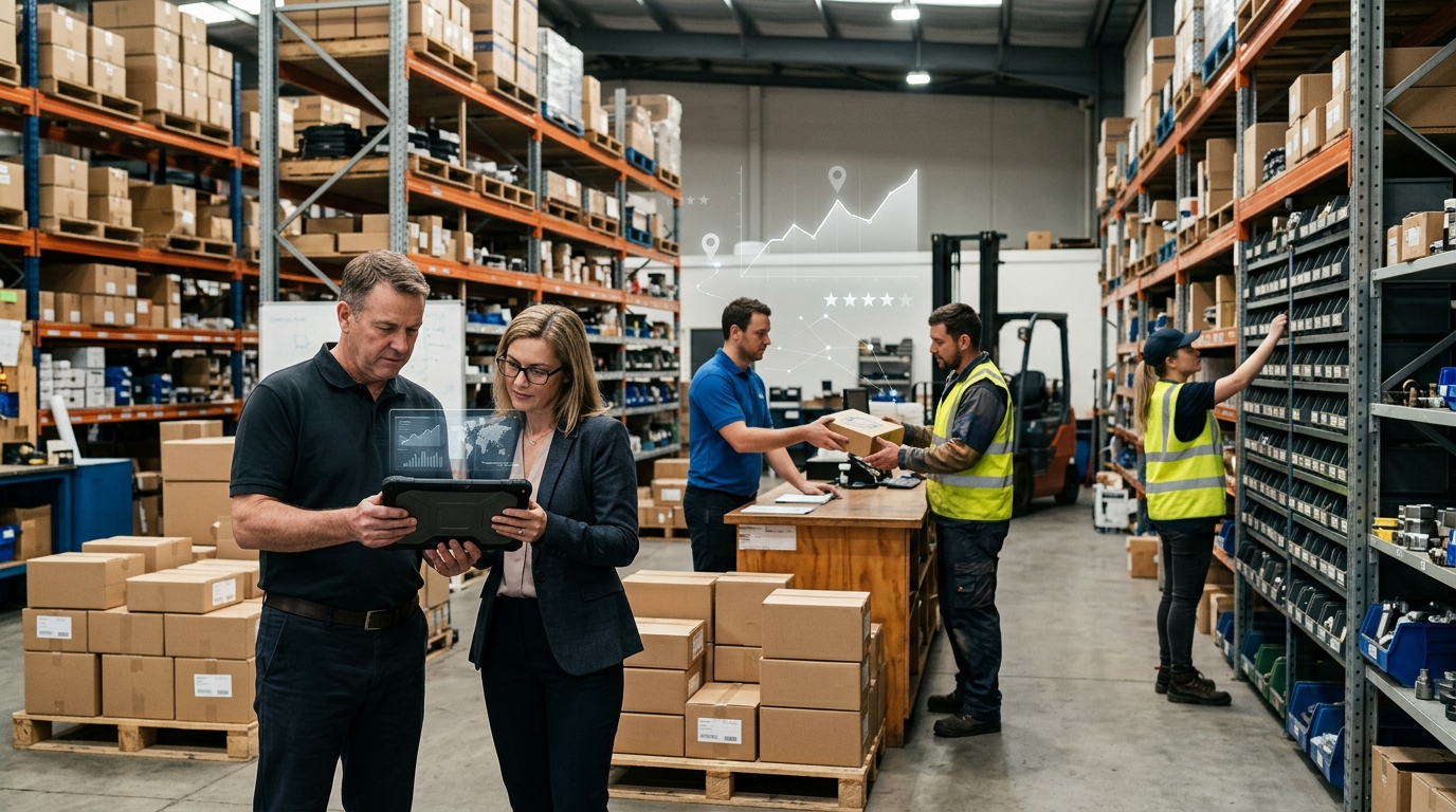 Supply company owner and a marketing consultant reviewing results on a tablet