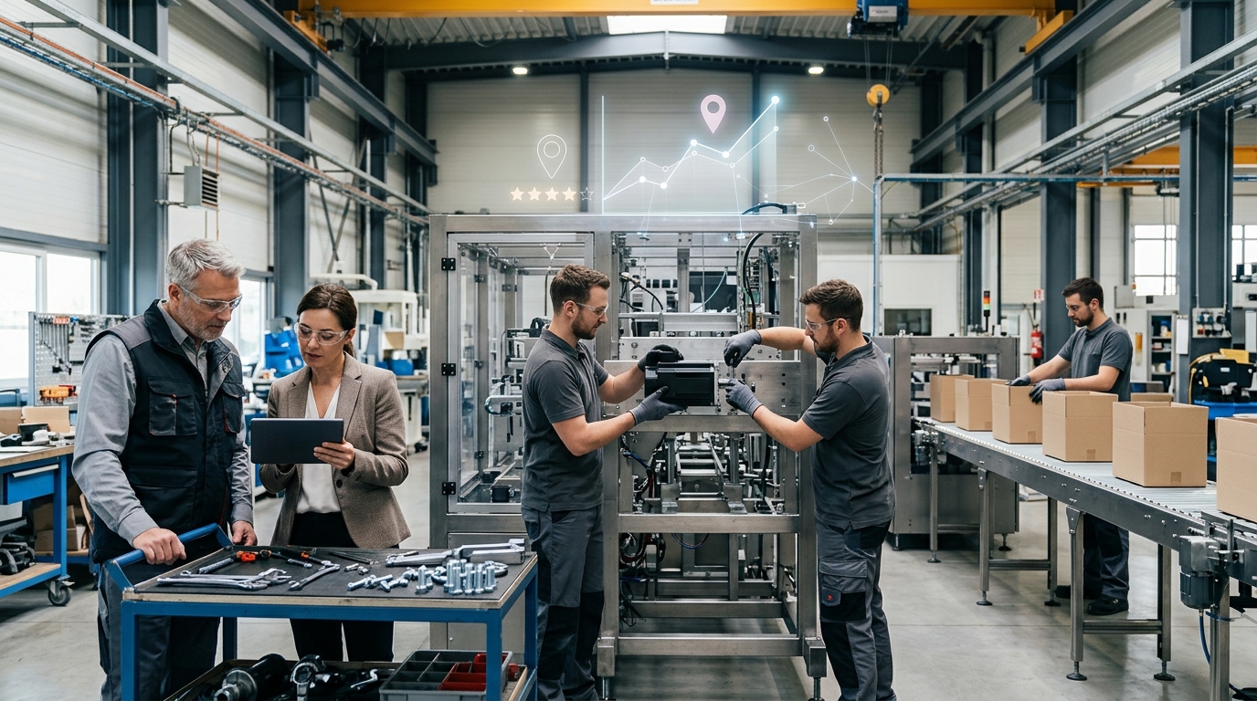 Machinery manufacturer owner and a marketing consultant reviewing results on a tablet