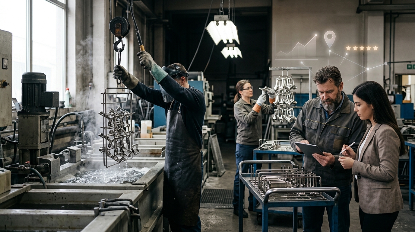 Plating shop owner and a marketing consultant reviewing results on a tablet