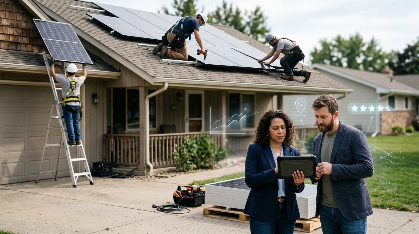 Renewable energy company owner and a marketing consultant reviewing results on a tablet