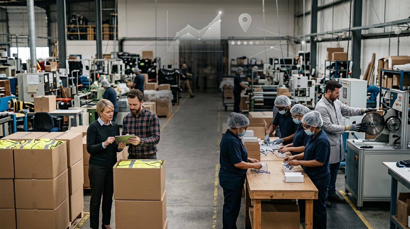 Safety product manufacturer owner and a marketing consultant reviewing results on a tablet