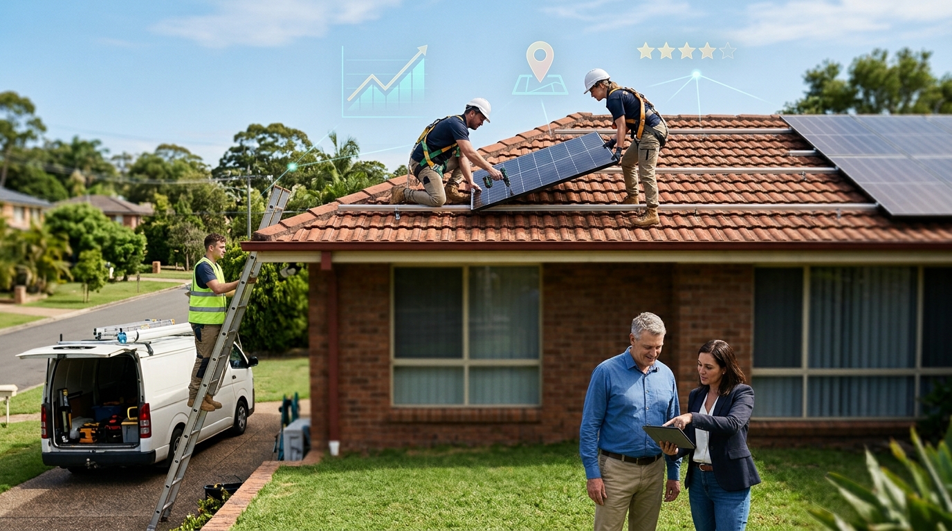 Solar installer owner and a marketing consultant reviewing results on a tablet