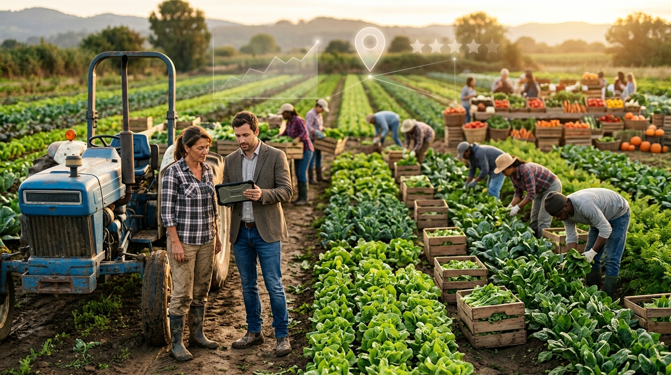 Sustainable farm owner and a marketing consultant reviewing results on a tablet