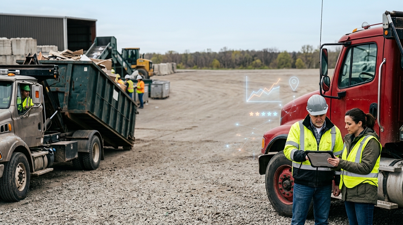 Waste management company owner and a marketing consultant reviewing results on a tablet