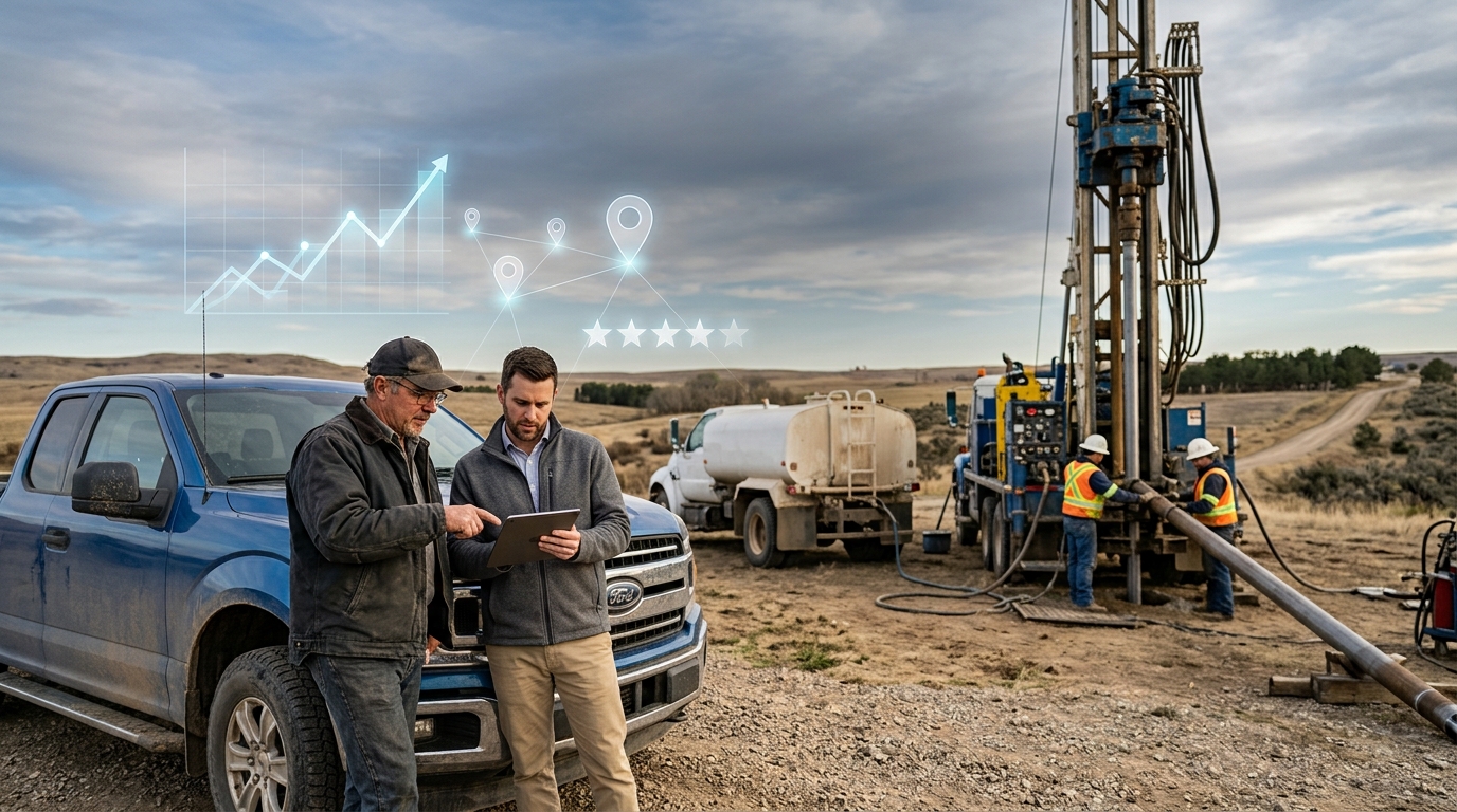 Well drilling company owner and a marketing consultant reviewing results on a tablet