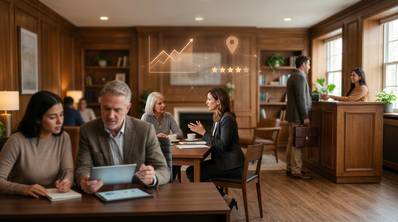 Financial insurance agency owner and a marketing consultant reviewing results on a tablet