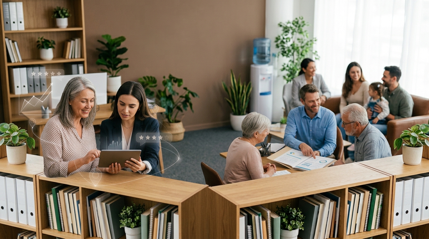 Health insurance agency owner and a marketing consultant reviewing results on a tablet