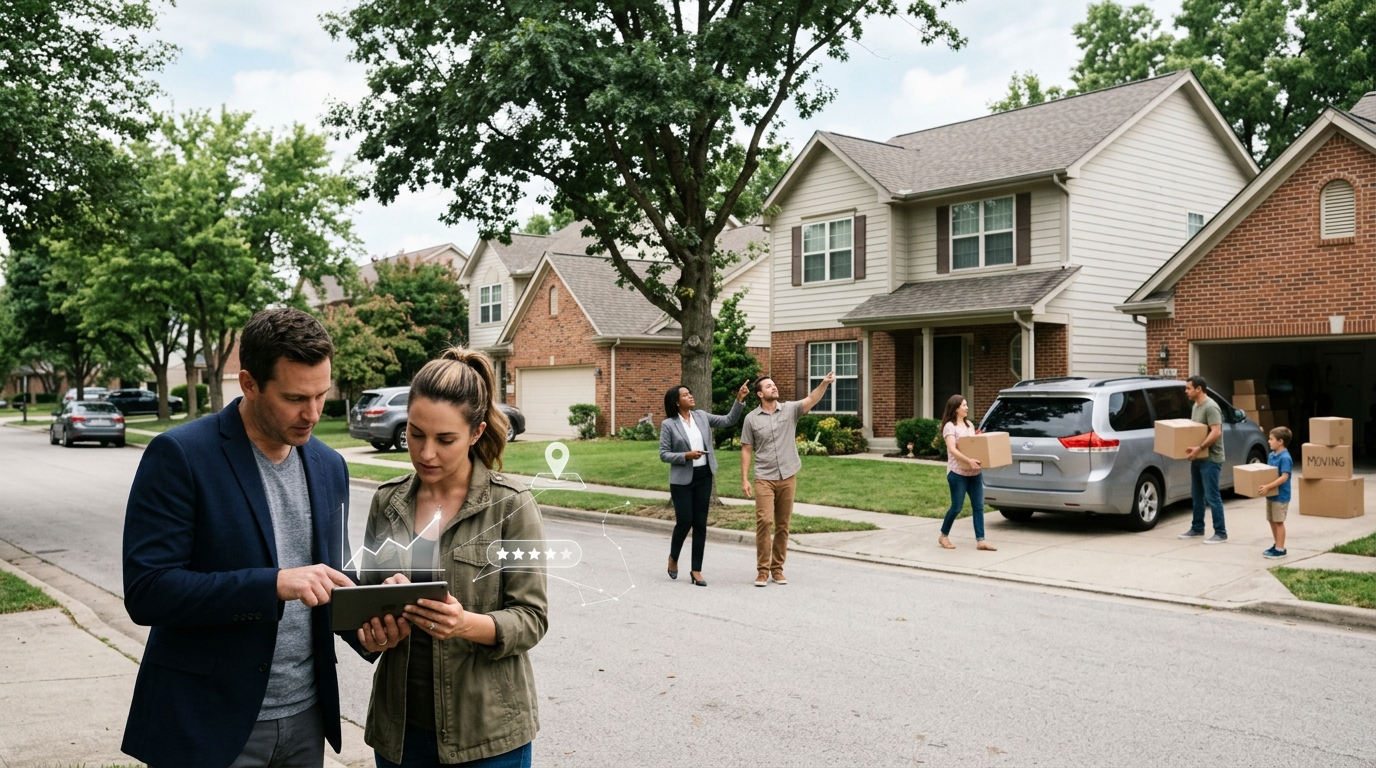 Home insurance agency owner and a marketing consultant reviewing results on a tablet