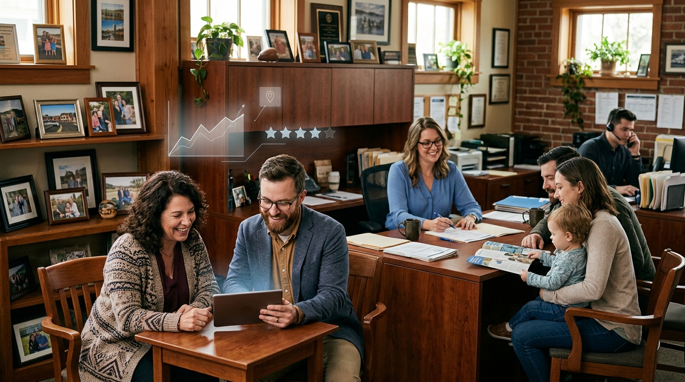 Insurance agency owner and marketing consultant review a tablet as an agent meets a family