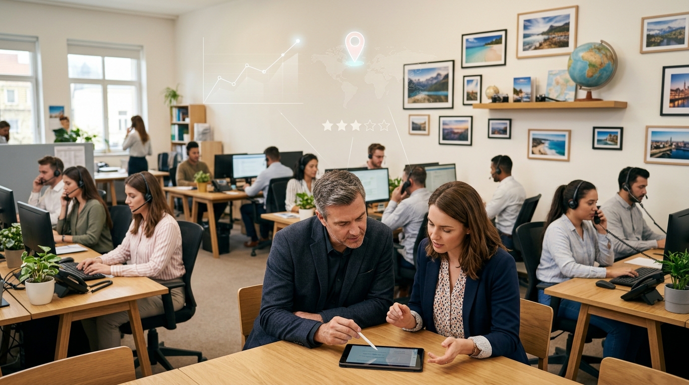 Travel insurance provider owner and a marketing consultant reviewing results on a tablet