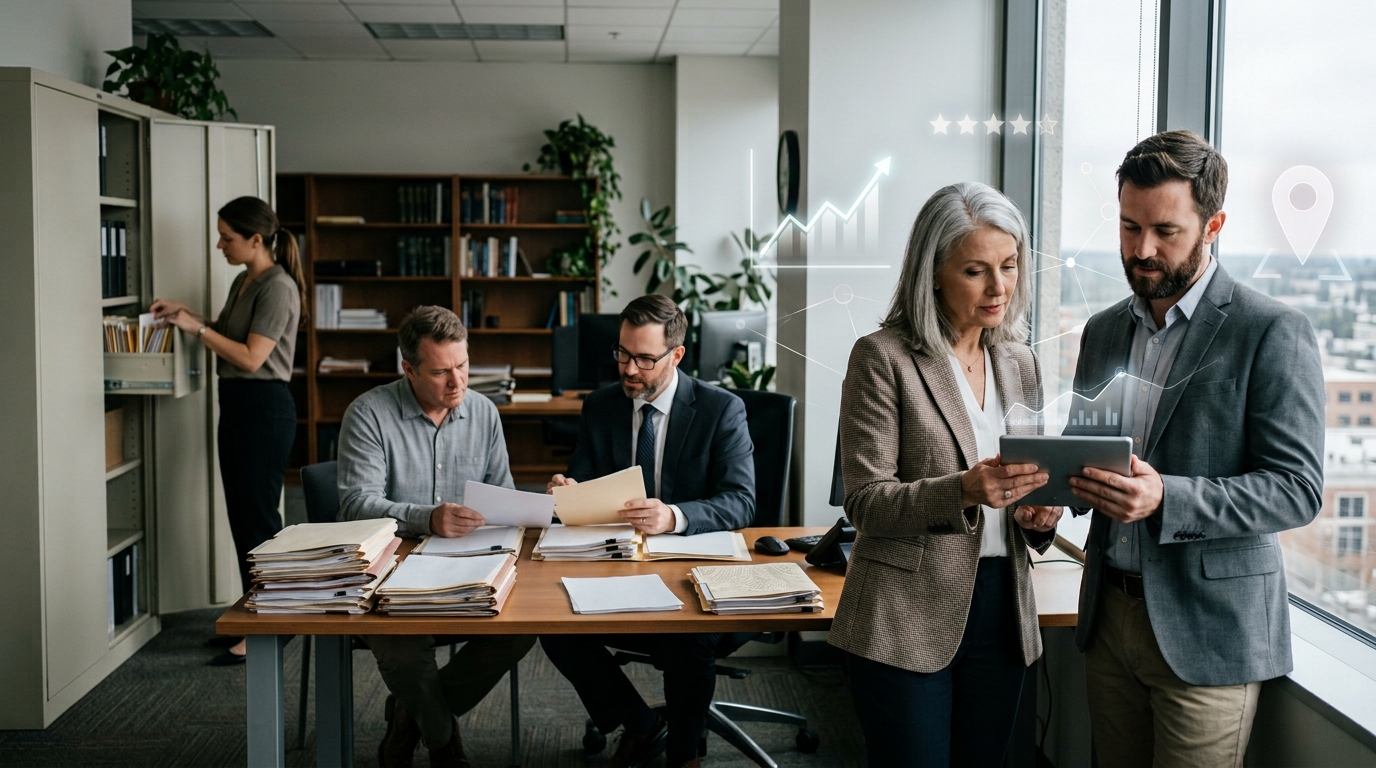 Bankruptcy law firm owner and a marketing consultant reviewing results on a tablet