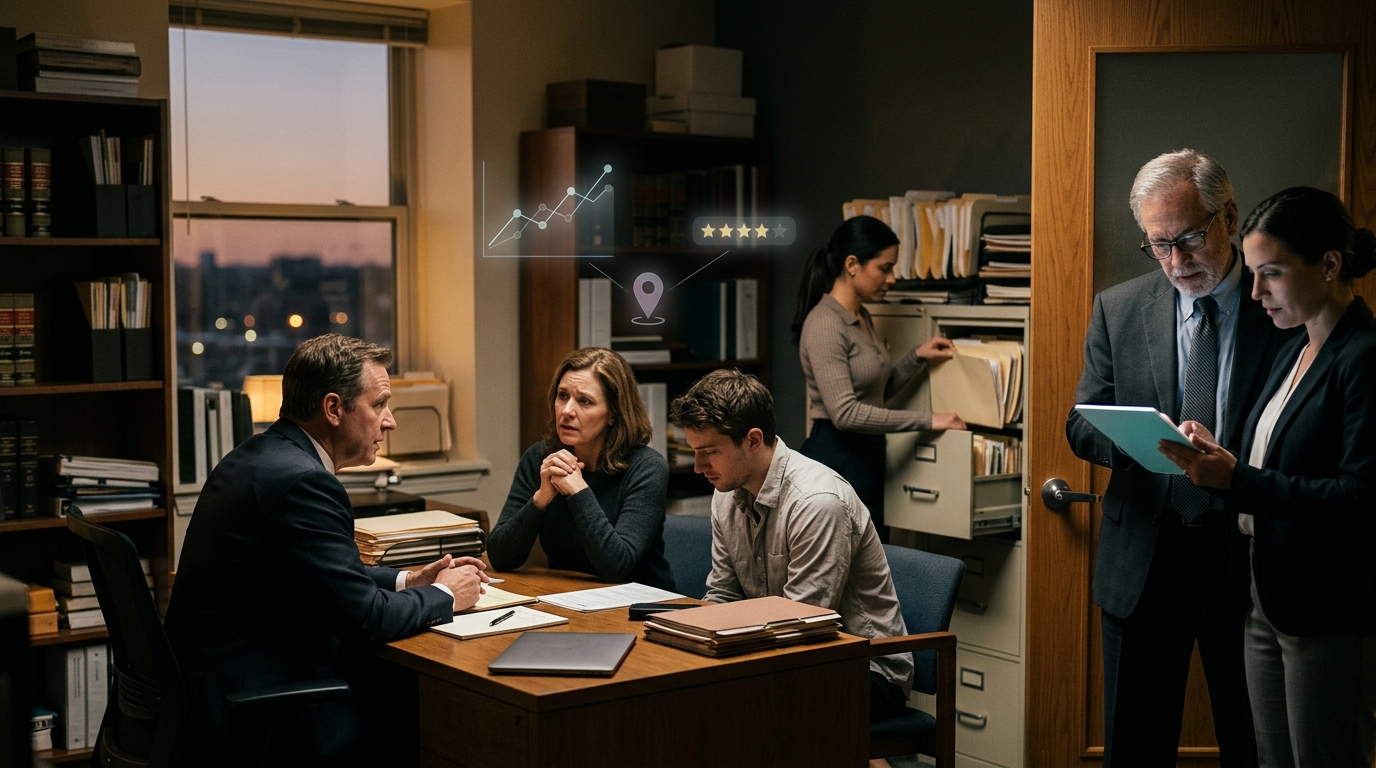 Criminal defense firm owner and a marketing consultant reviewing results on a tablet