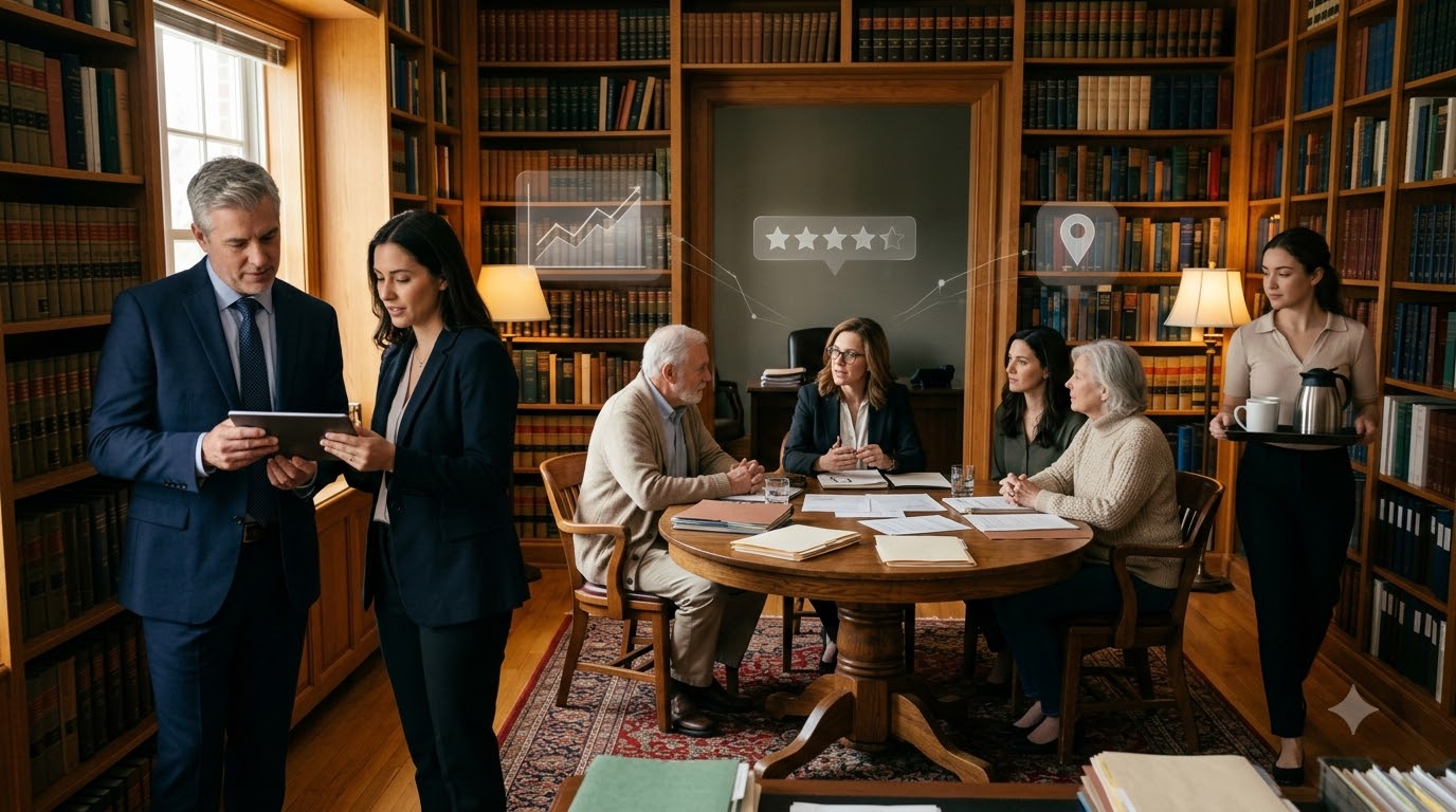 Estate planning firm owner and a marketing consultant reviewing results on a tablet
