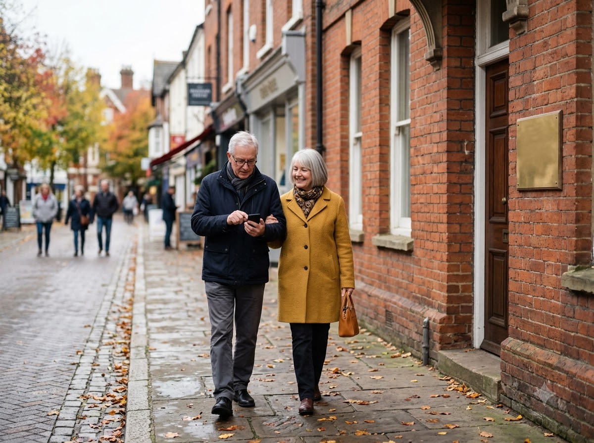 Couple checking directions to a law office on a phone