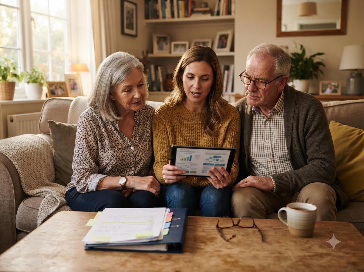 Adult daughter researching estate planning with her parents
