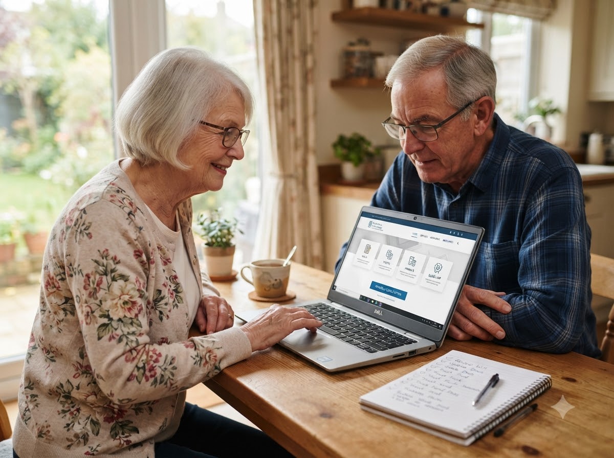 Retired couple reading an estate planning firm website