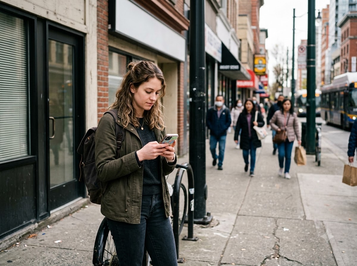 Client finding an immigration law office on a phone outside the building