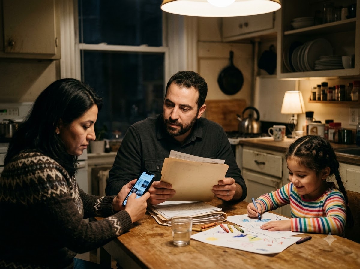 Young family searching for an immigration lawyer on a phone at home