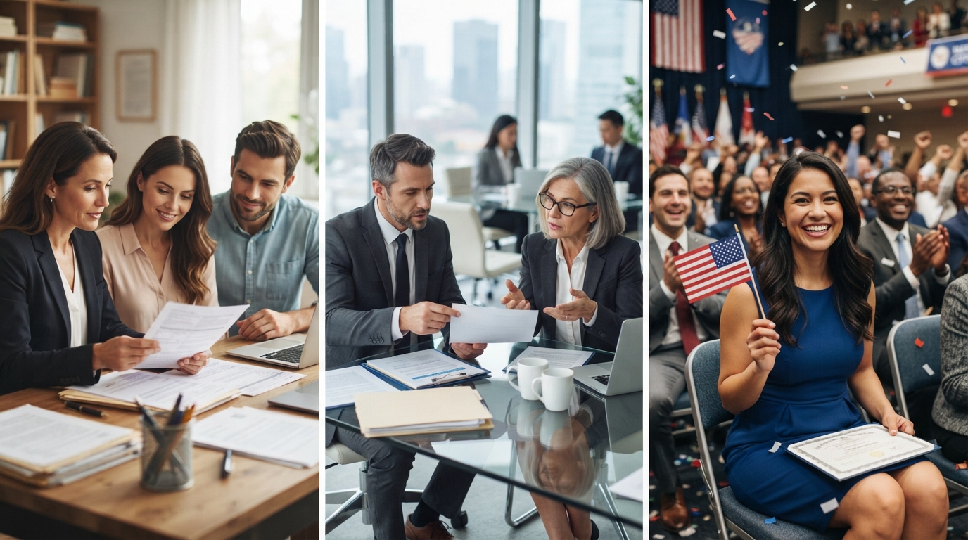 A family visa consultation, an employer sponsorship meeting and a citizenship ceremony