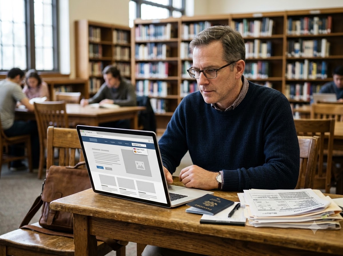 Client reading a multilingual immigration law firm website on a laptop
