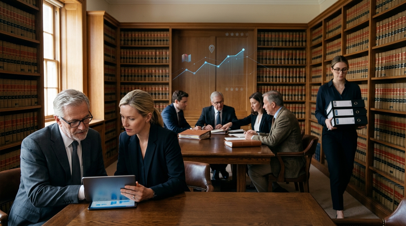 Managing partner and marketing consultant review a tablet in a law library conference room