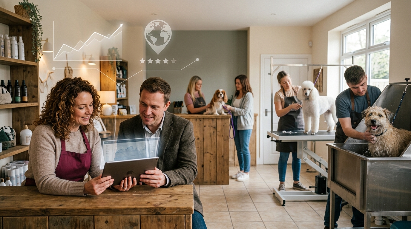 Pet grooming salon owner and marketing consultant review a tablet as groomers care for dogs