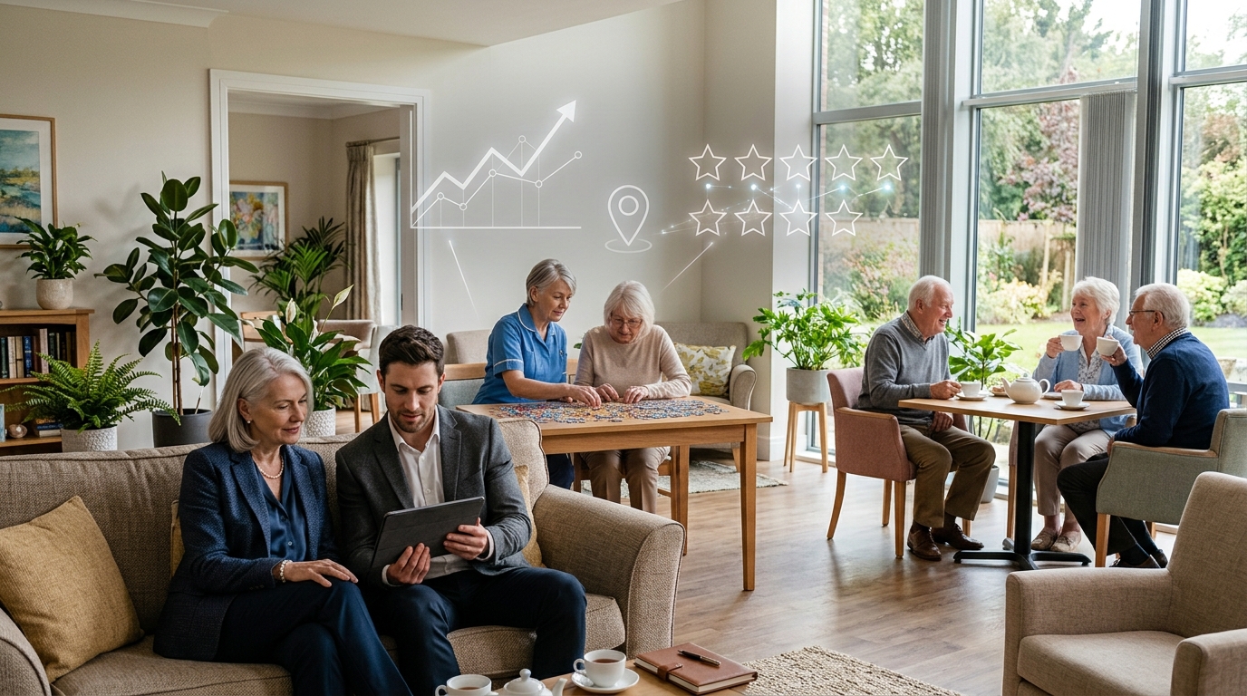 Assisted living community owner and a marketing consultant reviewing results on a tablet