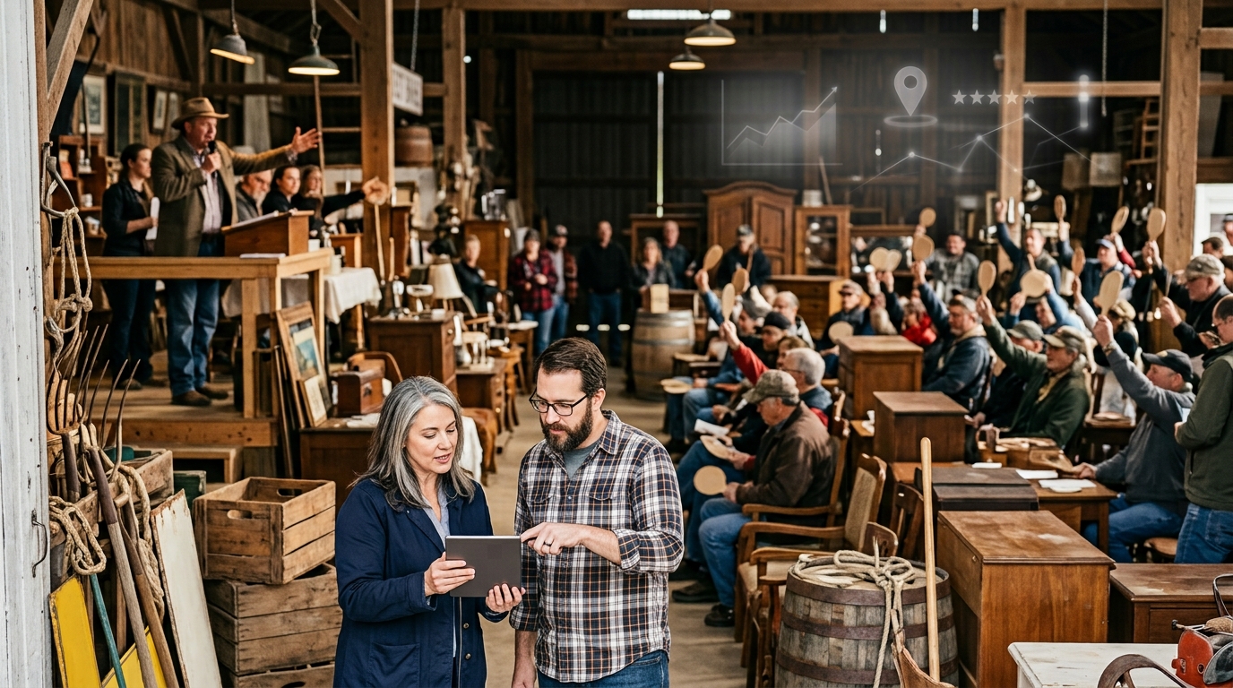 Auction company owner and a marketing consultant reviewing results on a tablet