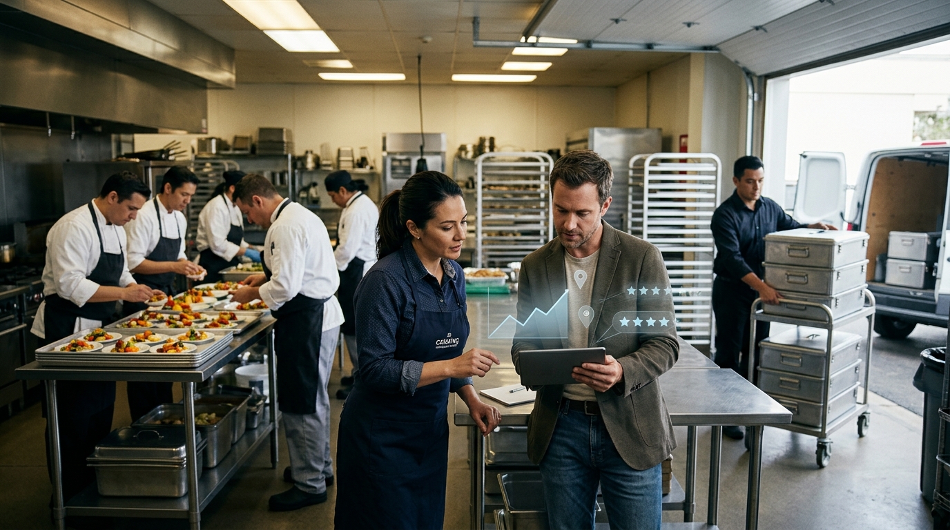 Catering company owner and a marketing consultant reviewing results on a tablet