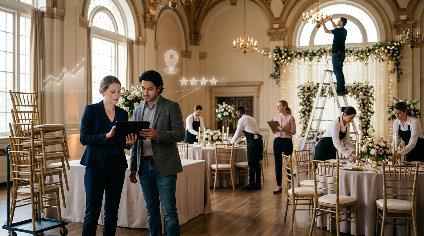 Event planner owner and a marketing consultant reviewing results on a tablet