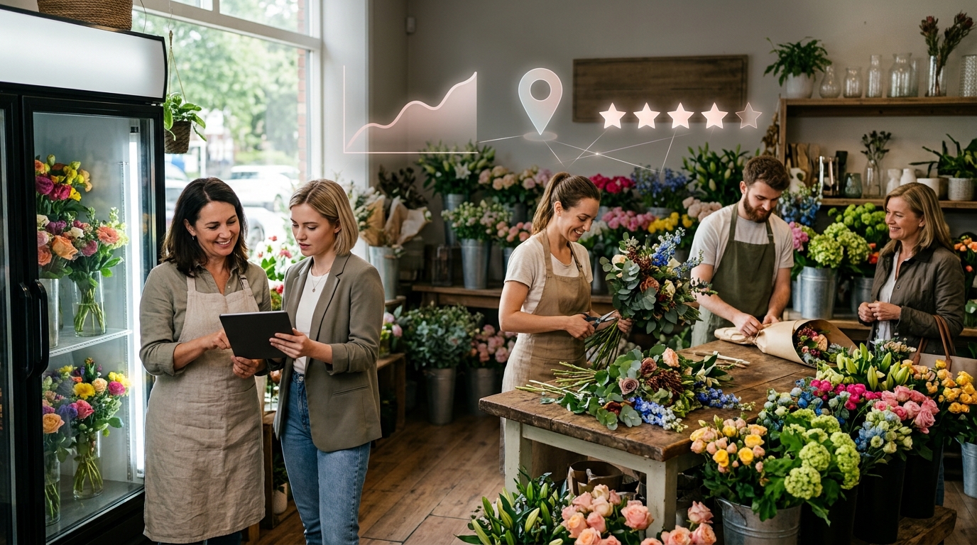 Florist owner and a marketing consultant reviewing results on a tablet