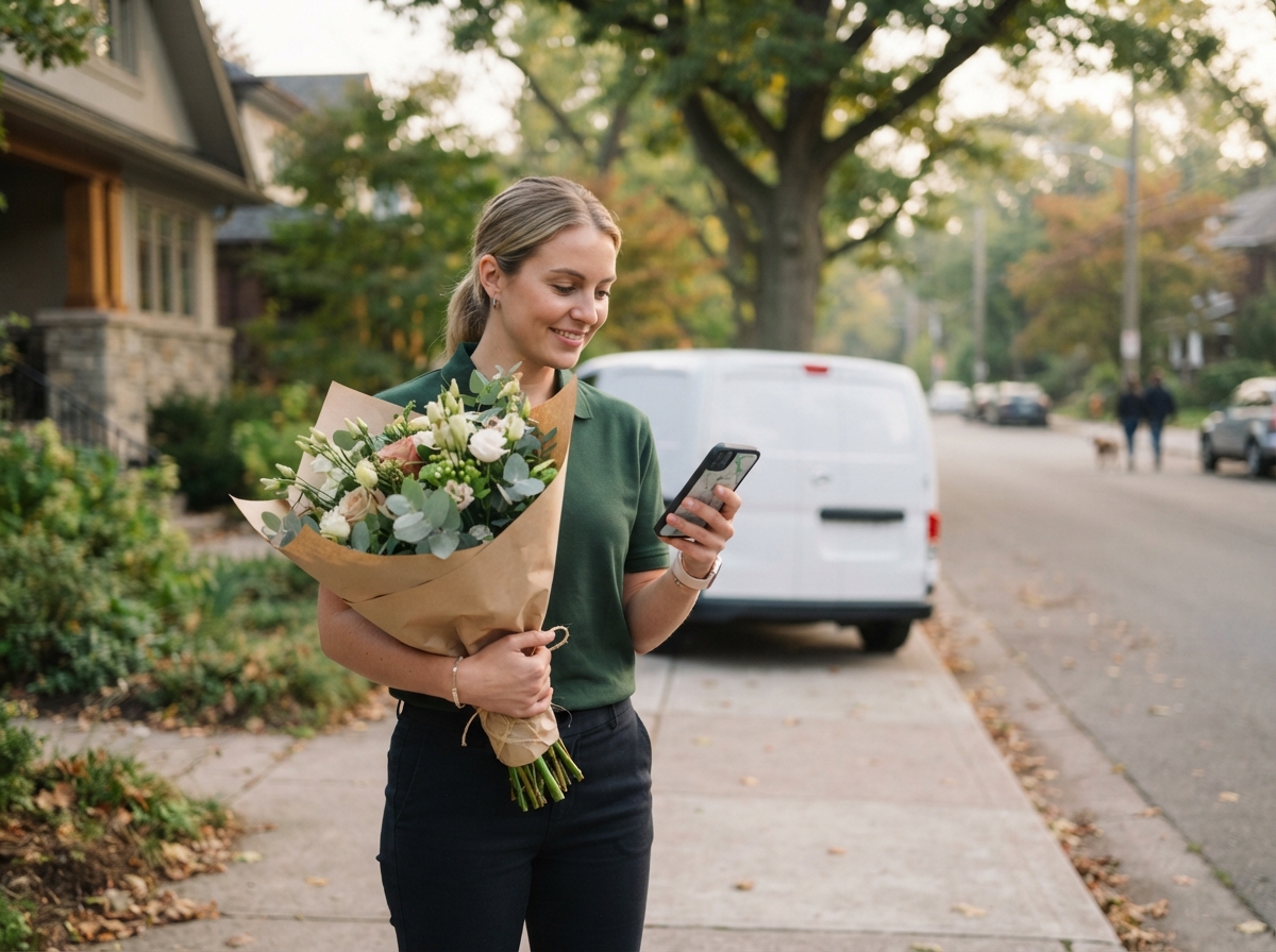 Delivery driver finding the address on a phone with a bouquet