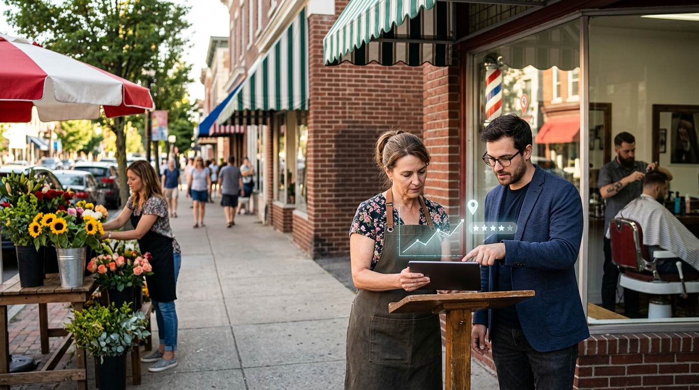 Local shop owner and marketing consultant review a tablet on a main street with independent shops