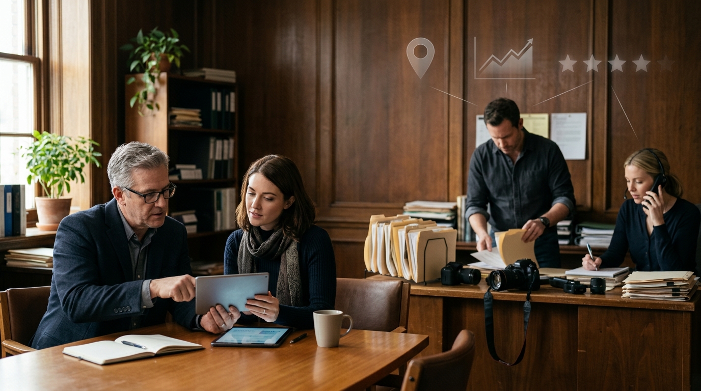 Private investigation firm owner and a marketing consultant reviewing results on a tablet