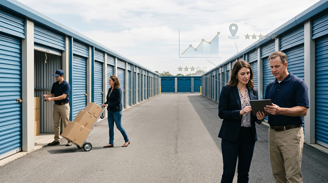 Storage facility owner and a marketing consultant reviewing results on a tablet