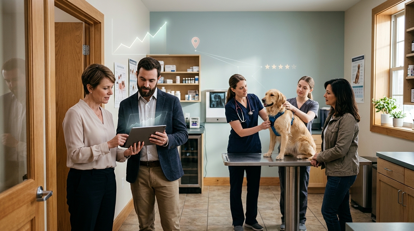 Veterinary practice owner and a marketing consultant reviewing results on a tablet
