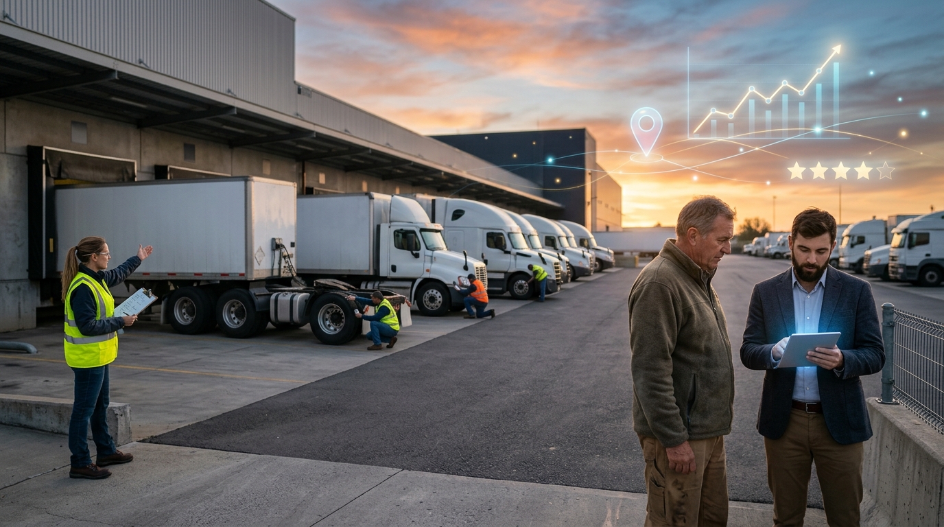 Fleet of trucks at a depot ready to cover the country