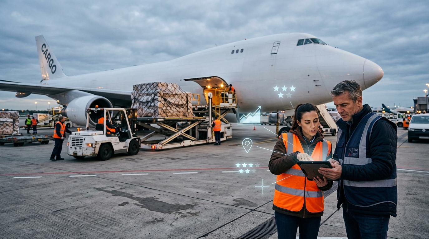 Air cargo company owner and a marketing consultant reviewing results on a tablet