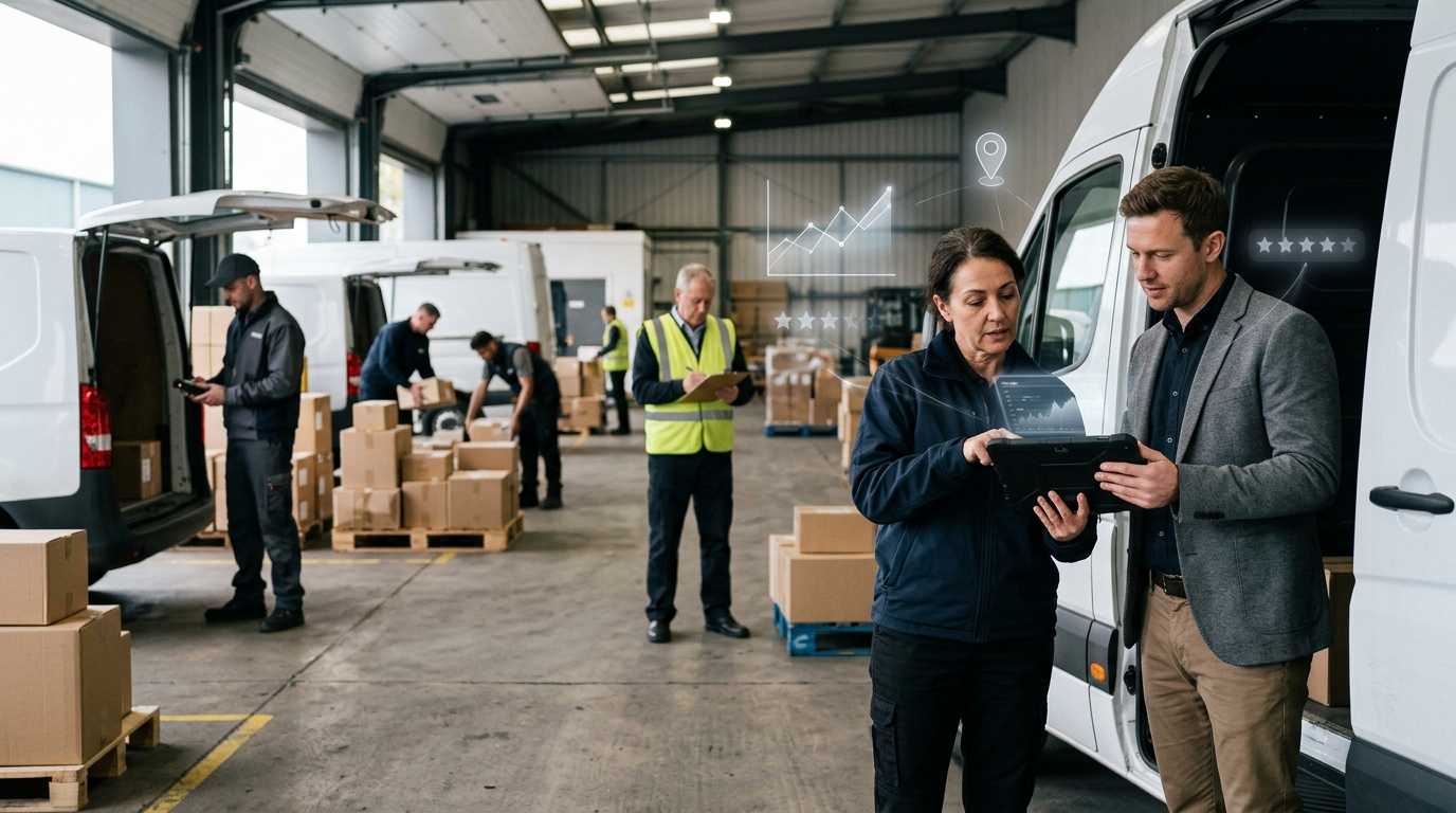 Courier company owner and a marketing consultant reviewing results on a tablet