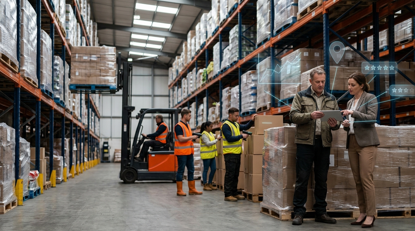 Warehouse owner and marketing consultant review a tablet amid pallet racking and a working forklift