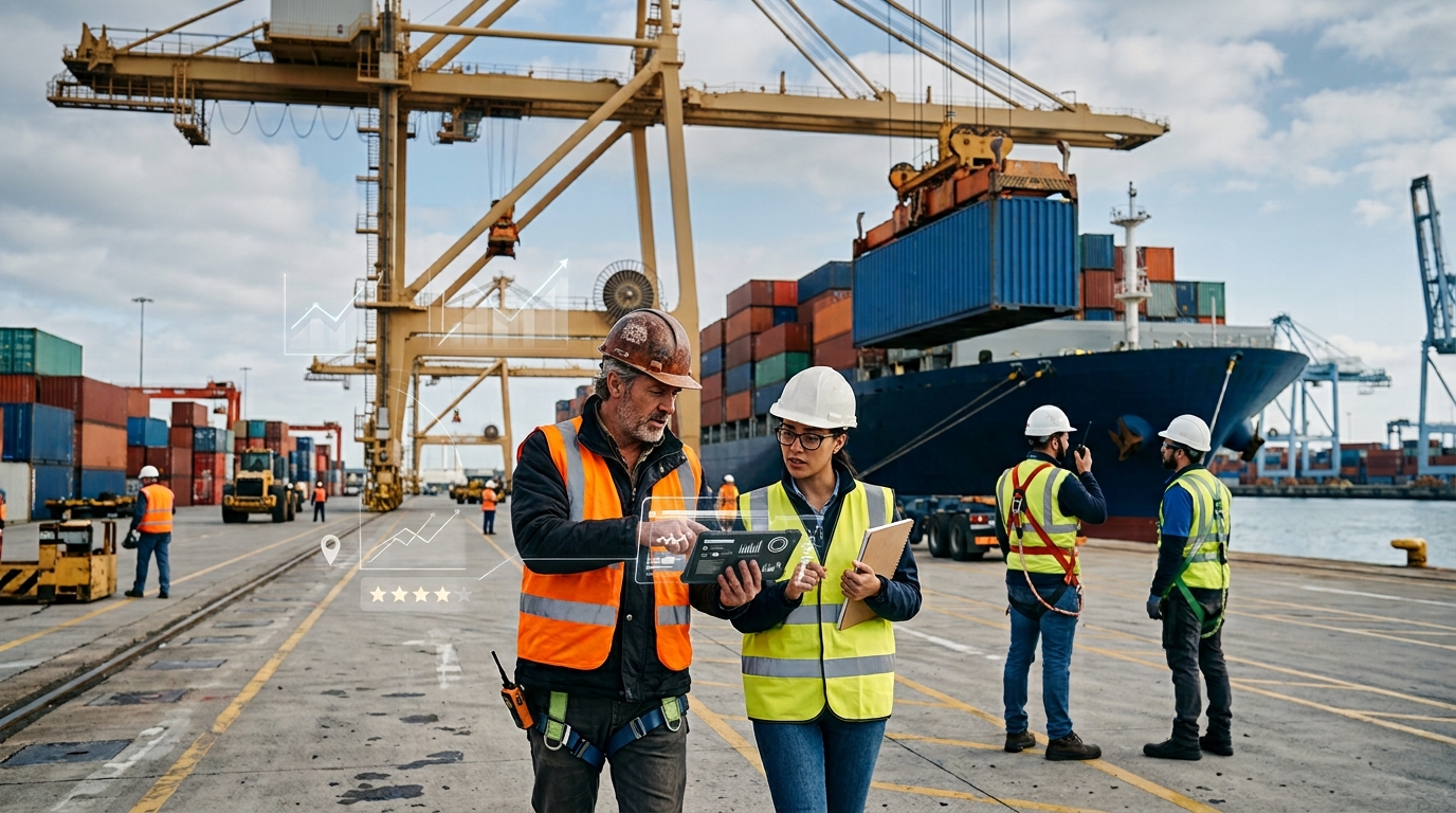 Shipping company owner and a marketing consultant reviewing results on a tablet