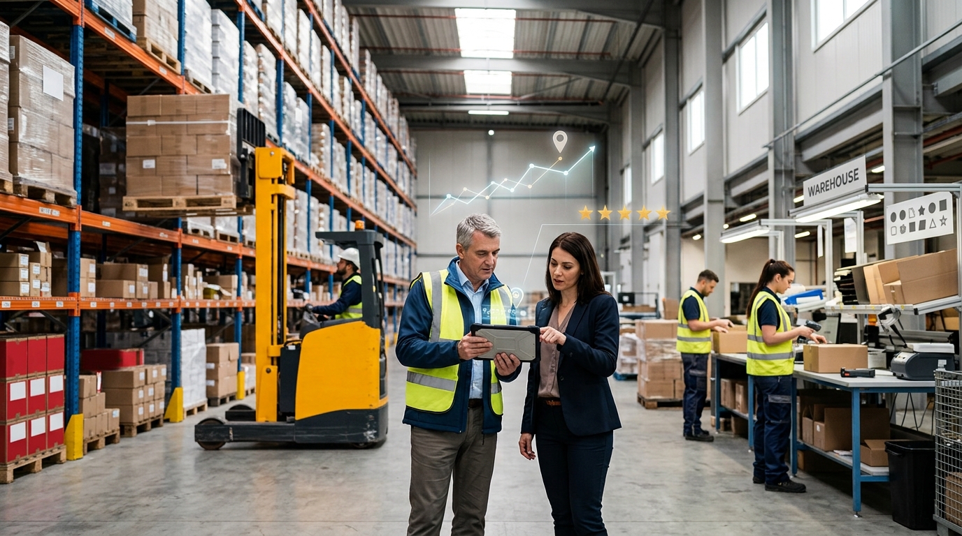 Warehousing company owner and a marketing consultant reviewing results on a tablet