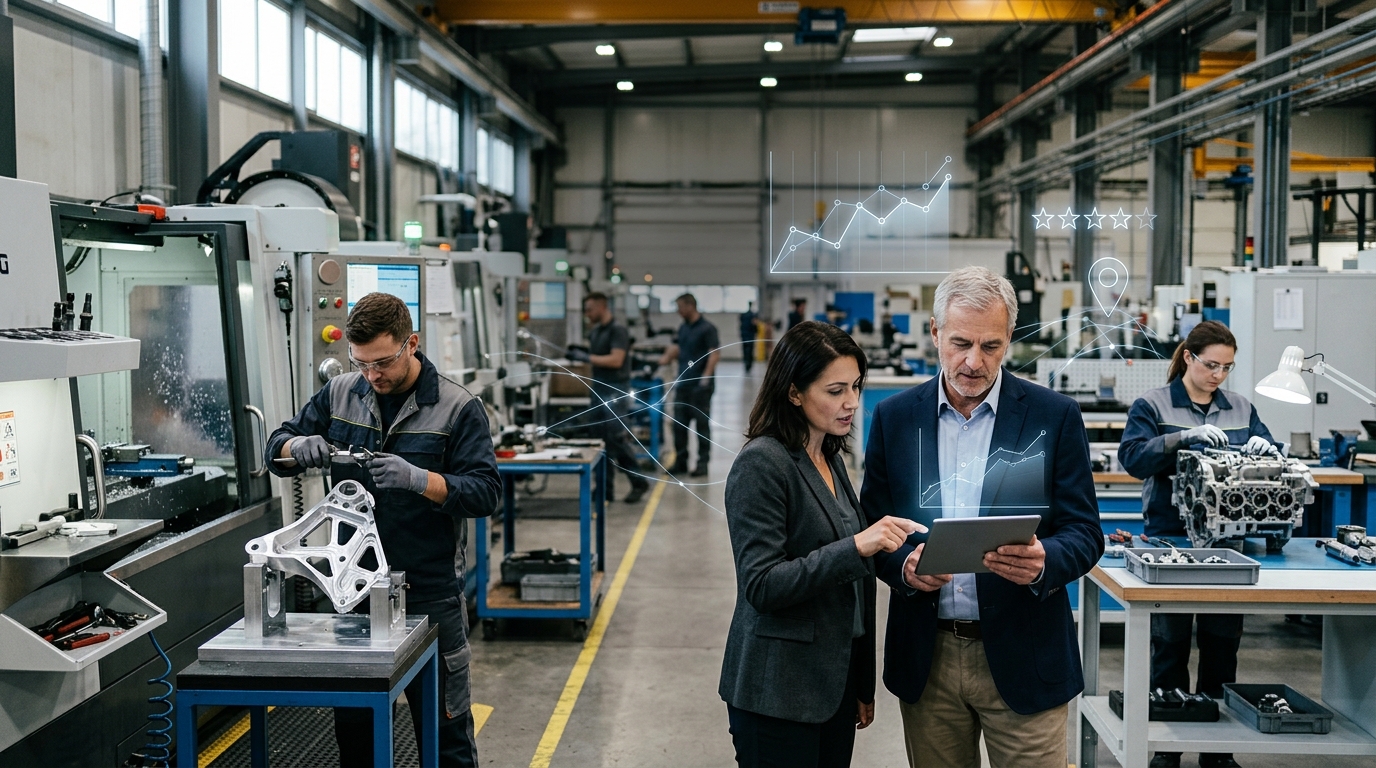 Aviation company owner and a marketing consultant reviewing results on a tablet