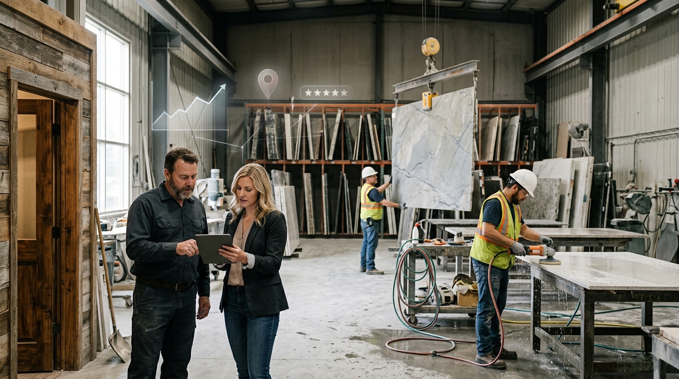 Countertop fabricator owner and a marketing consultant reviewing results on a tablet