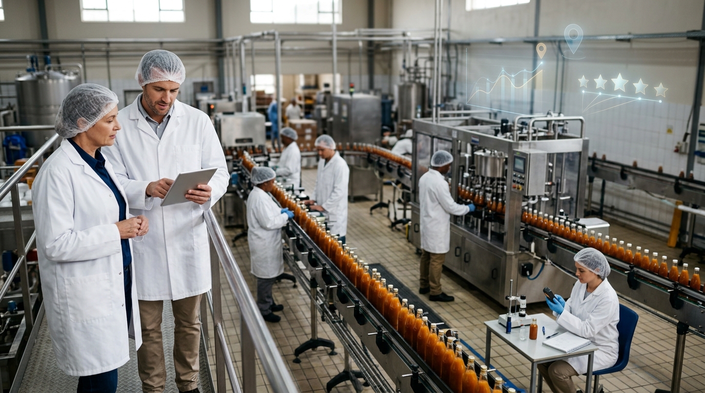 Food and beverage manufacturer owner and a marketing consultant reviewing results on a tablet