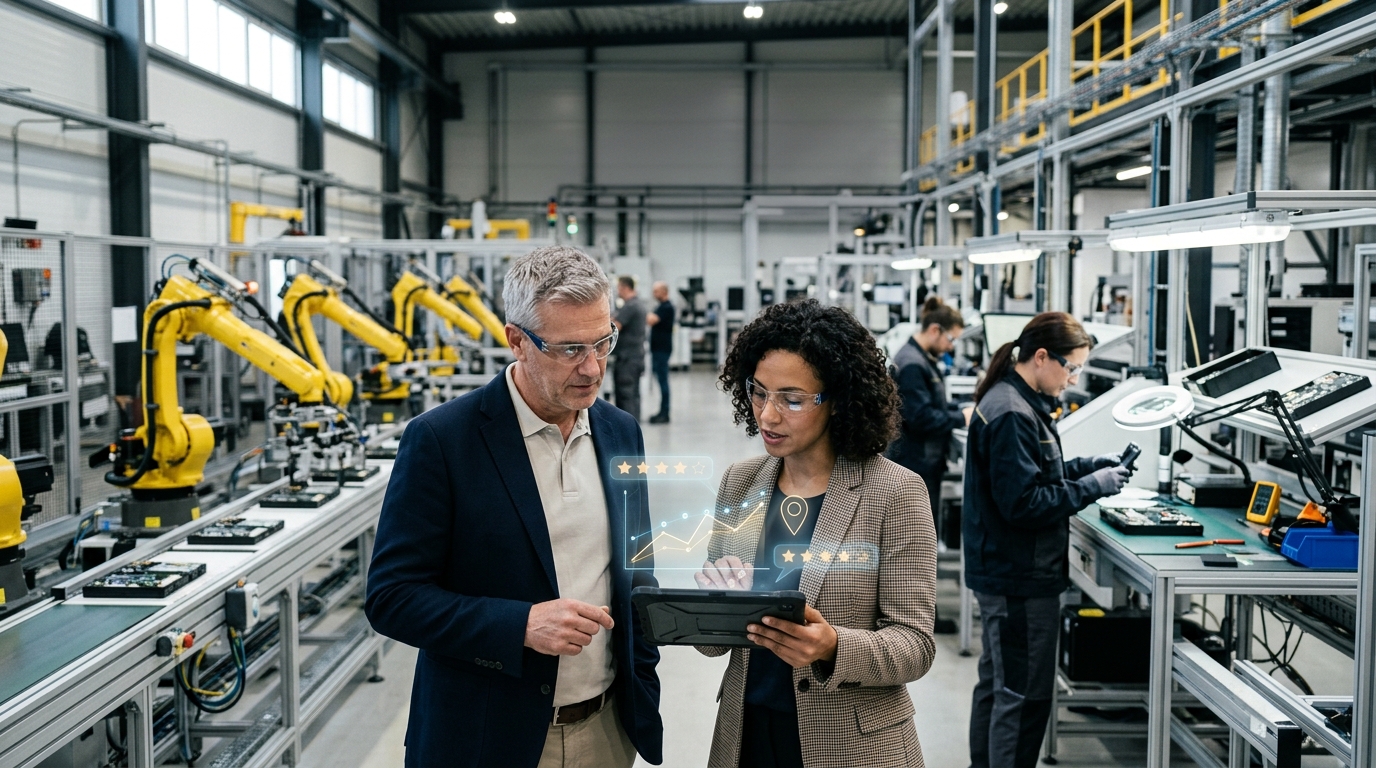 Factory owner and marketing consultant review a tablet beside an automated assembly line with robots