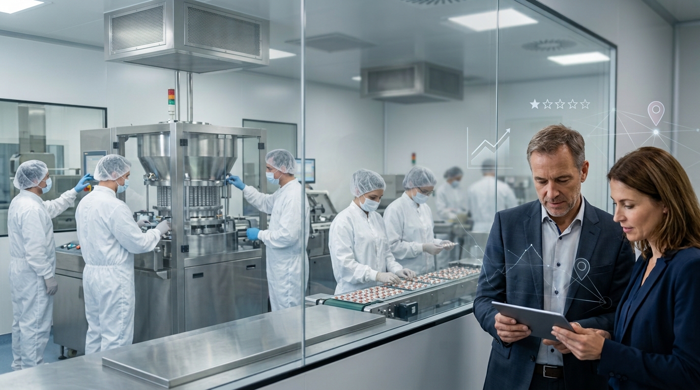 Pharmaceutical manufacturer owner and a marketing consultant reviewing results on a tablet