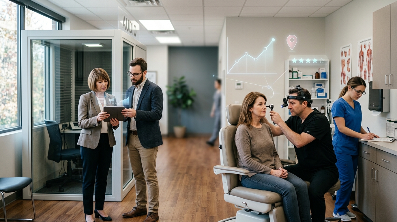 ENT practice owner and a marketing consultant reviewing results on a tablet