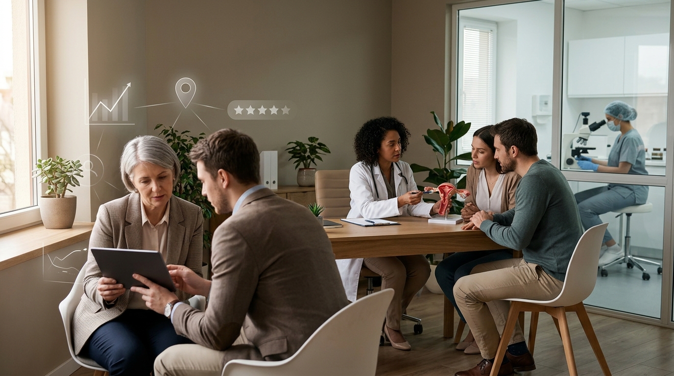 Fertility clinic owner and a marketing consultant reviewing results on a tablet